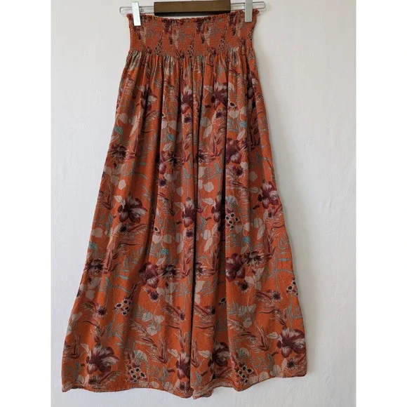 Natural Life Boho Smocked Waist Maxi Skirt Floral Print Brown Orange Women's M - Picture 1 of 7